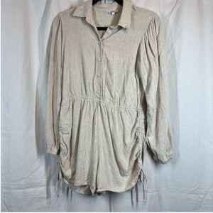 candidly chan linen blend long sleeve ruched romper neutral minimal breathable